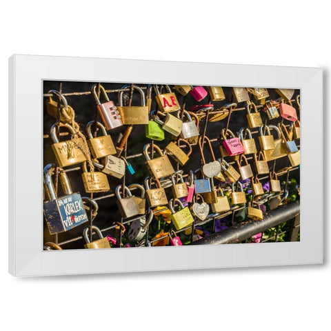 Sweden-Vastmanland-Vasteras-love locks on the Apotekarbron bridge-Old Town White Modern Wood Framed Art Print by Bibikow, Walter