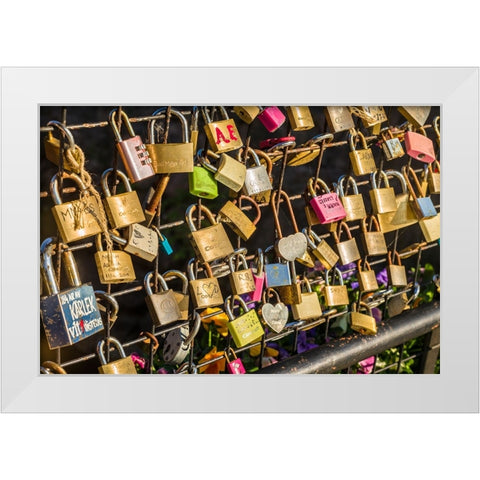 Sweden-Vastmanland-Vasteras-love locks on the Apotekarbron bridge-Old Town White Modern Wood Framed Art Print by Bibikow, Walter