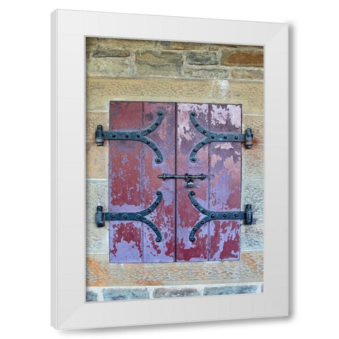 Doors with wrought iron hinges are found in an outdoor passageway at Cardiff Castle-Wales White Modern Wood Framed Art Print by Ostrowitz, Mallorie
