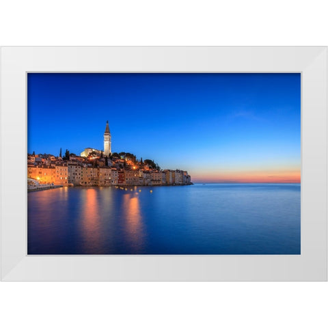 Europe-Croatia-Rovinj-Ocean view of town at sunset White Modern Wood Framed Art Print by Jaynes Gallery