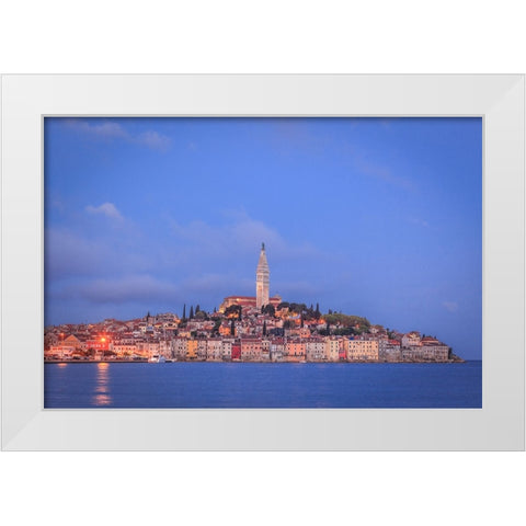 Europe-Croatia-Rovinj-Ocean view of town at sunset White Modern Wood Framed Art Print by Jaynes Gallery