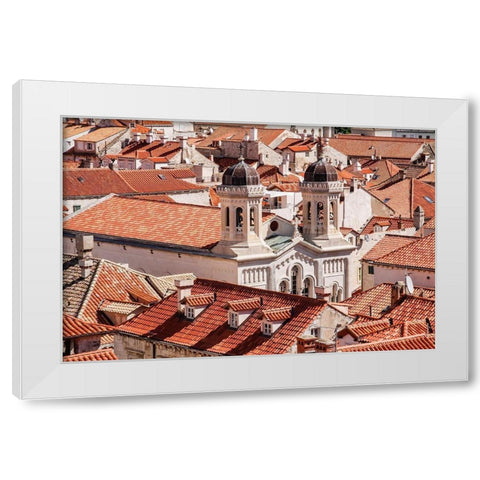 Croatia Dalmatia Dubrovnik Church among red terra cotta tile roofs in the old town of Dubrovnik White Modern Wood Framed Art Print by Wilson, Emily