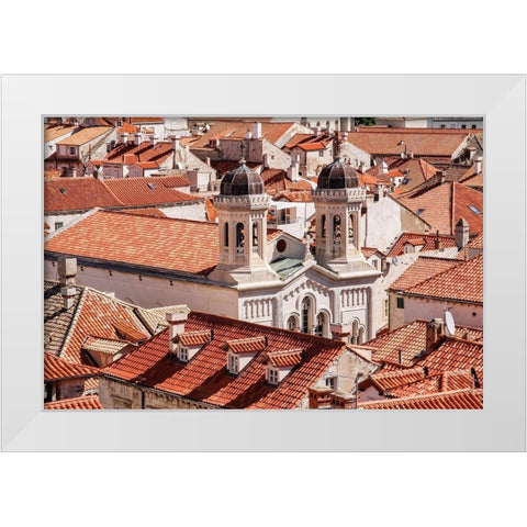 Croatia Dalmatia Dubrovnik Church among red terra cotta tile roofs in the old town of Dubrovnik White Modern Wood Framed Art Print by Wilson, Emily