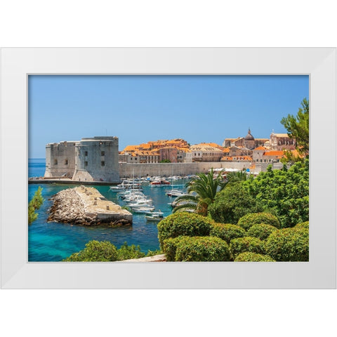 View of boats in Old Port-Dubrovnik-Dalmatian Coast-Adriatic Sea-Croatia-Eastern Europe White Modern Wood Framed Art Print by Haseltine, Tom