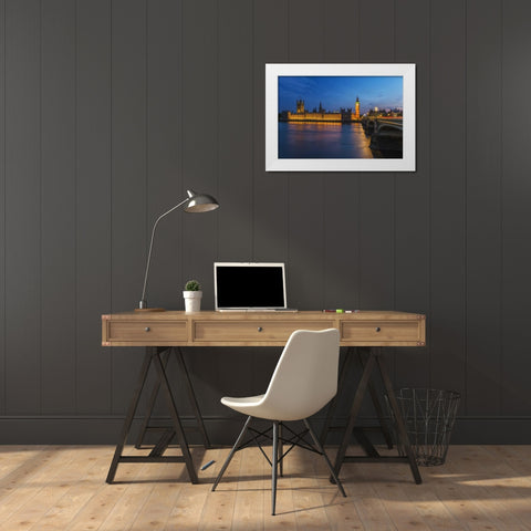 England, London Parliament and Bridge at dusk White Modern Wood Framed Art Print by Kirkland, Dennis