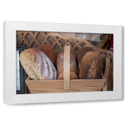 Basket of breads was found sitting on a bench outside a bakery in Glastonbury-England White Modern Wood Framed Art Print by Ostrowitz, Mallorie