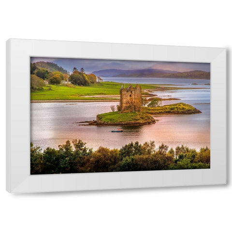 Castle Stalker built on a small Island near Port Appin 14th Century-Scotland White Modern Wood Framed Art Print by Norring, Tom
