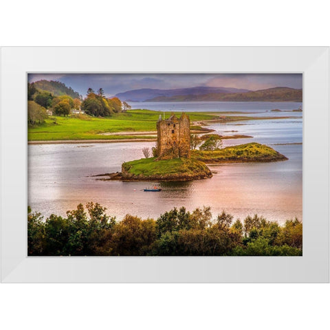 Castle Stalker built on a small Island near Port Appin 14th Century-Scotland White Modern Wood Framed Art Print by Norring, Tom