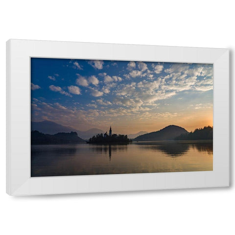 Slovenia Dawn over Lake Bled White Modern Wood Framed Art Print by Tharp, Brenda
