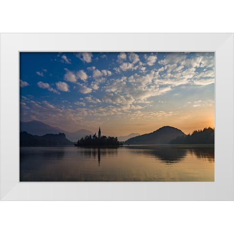Slovenia Dawn over Lake Bled White Modern Wood Framed Art Print by Tharp, Brenda