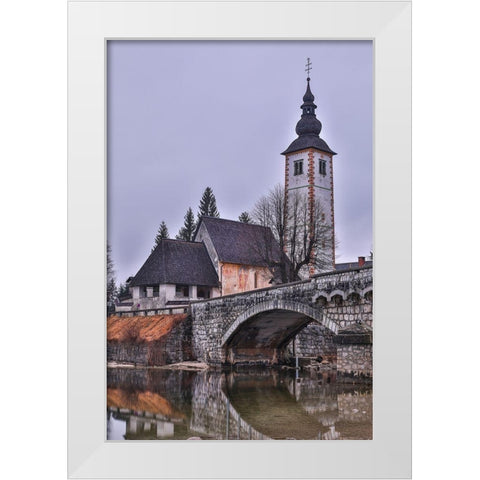 Slovenia-Upper Carniola-Ribcev Laz-Lake Bohinj-Church of St John the Baptist in early morning light White Modern Wood Framed Art Print by Looney, Hollice