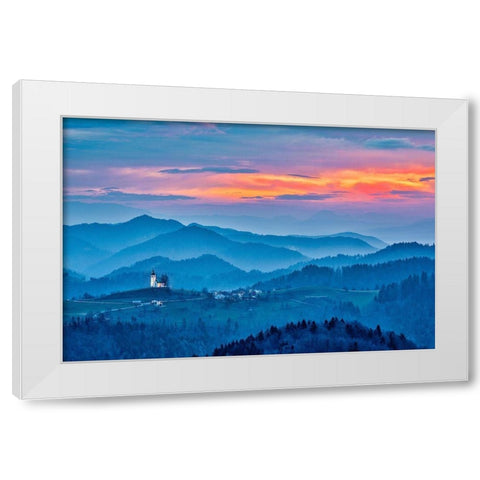Slovenia-Poljane Sora Valley-hillside church near Gorenja Vas in early morning light White Modern Wood Framed Art Print by Looney, Hollice