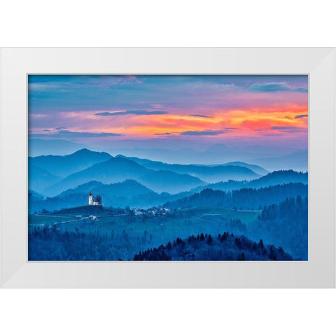Slovenia-Poljane Sora Valley-hillside church near Gorenja Vas in early morning light White Modern Wood Framed Art Print by Looney, Hollice