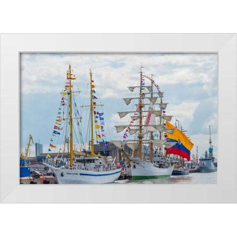 Tall sailboats in the harbor during Klaipeda Sea Festival-Klaipeda-Lithuania White Modern Wood Framed Art Print by Su, Keren