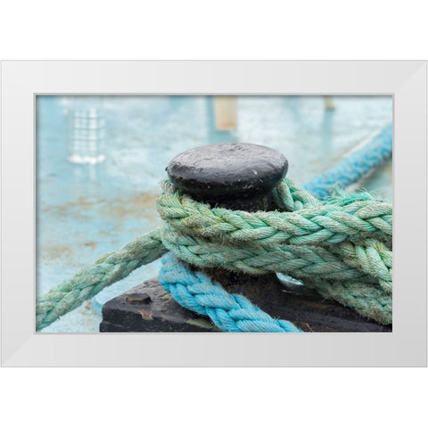 Rope anchoring boat-Klaipeda-Lithuania White Modern Wood Framed Art Print by Su, Keren