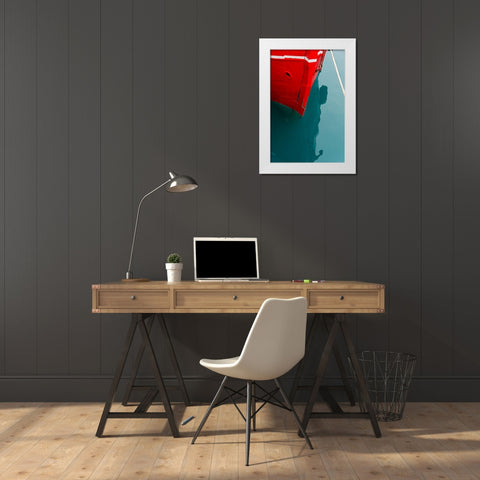 Red boat on the ocean-Narsarsuaq-Greenland White Modern Wood Framed Art Print by Su, Keren