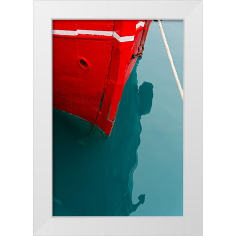 Red boat on the ocean-Narsarsuaq-Greenland White Modern Wood Framed Art Print by Su, Keren
