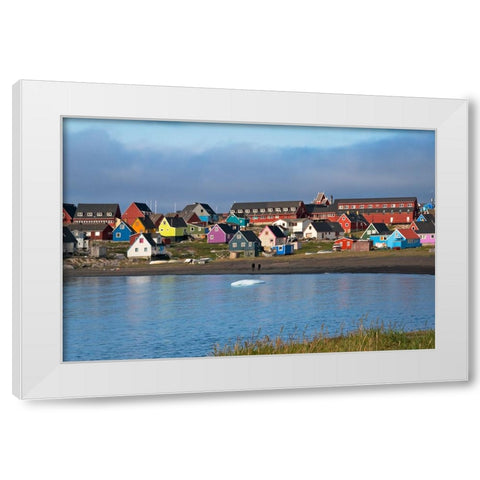 Brightly painted houses on the beach-Qeqertarsuaq-Greenland White Modern Wood Framed Art Print by Su, Keren