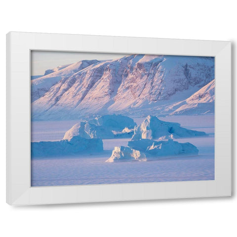 Icebergs frozen into the sea ice of the Uummannaq Fjord System during winter  White Modern Wood Framed Art Print by Zwick, Martin