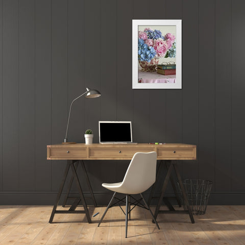 Hydrangea and peony arrangement on table White Modern Wood Framed Art Print by Paulson, Don