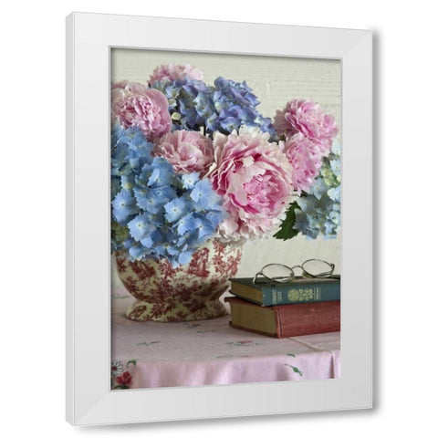 Hydrangea and peony arrangement on table White Modern Wood Framed Art Print by Paulson, Don