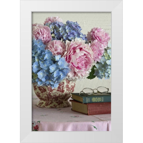 Hydrangea and peony arrangement on table White Modern Wood Framed Art Print by Paulson, Don