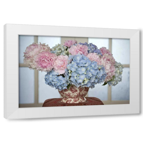 Hydrangea and peony flower arrangement on table White Modern Wood Framed Art Print by Paulson, Don