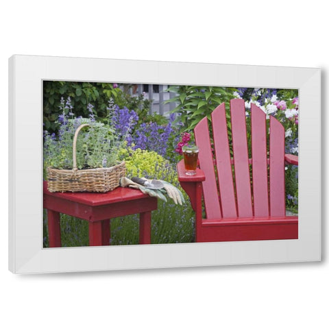 Ice tea rests on red chair while gardening White Modern Wood Framed Art Print by Paulson, Don