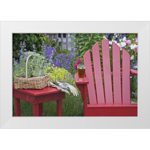 Ice tea rests on red chair while gardening White Modern Wood Framed Art Print by Paulson, Don