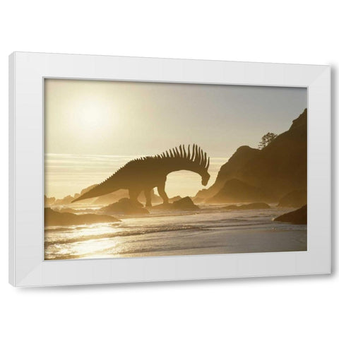 Concept of Amargasaurus dinosaur on ocean shore White Modern Wood Framed Art Print by Zuckerman, Jim