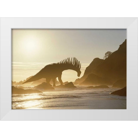 Concept of Amargasaurus dinosaur on ocean shore White Modern Wood Framed Art Print by Zuckerman, Jim