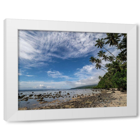 Fiji-Taveuni Island Beach with palm trees and white clouds White Modern Wood Framed Art Print by Merrill Images