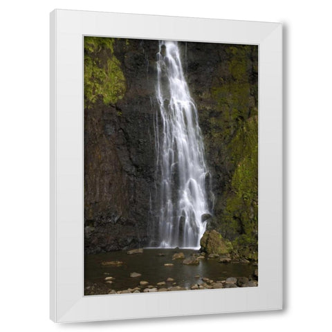 French Polynesia, Tahiti Waterfall ove cliff White Modern Wood Framed Art Print by Kaveney, Wendy