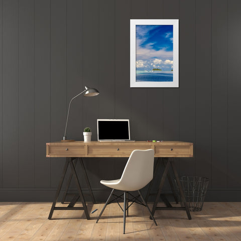 French Polynesia- Moorea. Moored boats and small island. White Modern Wood Framed Art Print by Jaynes Gallery