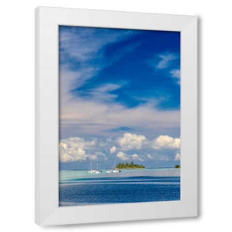 French Polynesia- Moorea. Moored boats and small island. White Modern Wood Framed Art Print by Jaynes Gallery