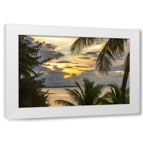 French Polynesia- Moorea. Sunset on island and ocean. White Modern Wood Framed Art Print by Jaynes Gallery