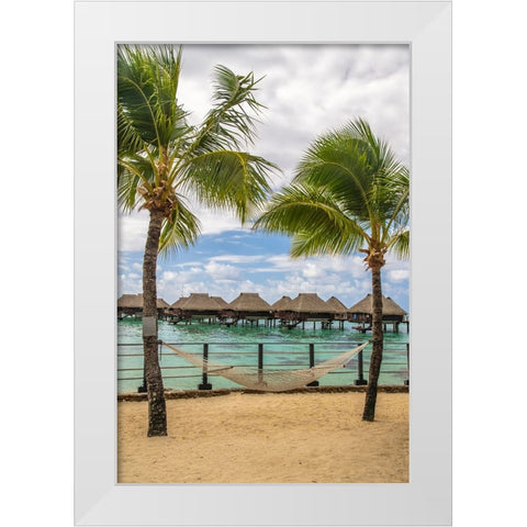 French Polynesia- Moorea. Overwater bungalows and hammock. White Modern Wood Framed Art Print by Jaynes Gallery