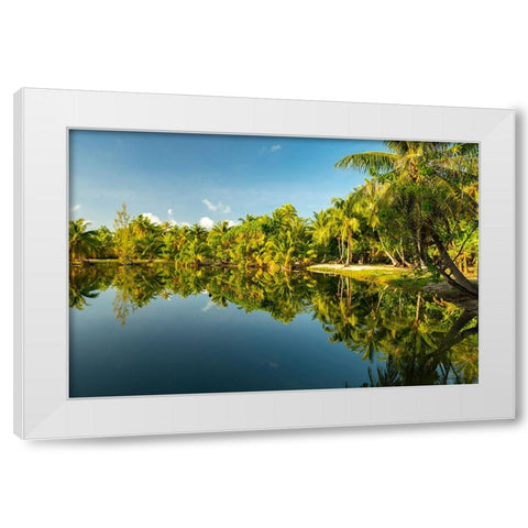 French Polynesia- Tahaa. Tropical jungle reflects in lagoon. White Modern Wood Framed Art Print by Jaynes Gallery