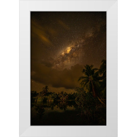 French Polynesia- Tahaa. Palm trees and night sky with Milky Way. White Modern Wood Framed Art Print by Jaynes Gallery
