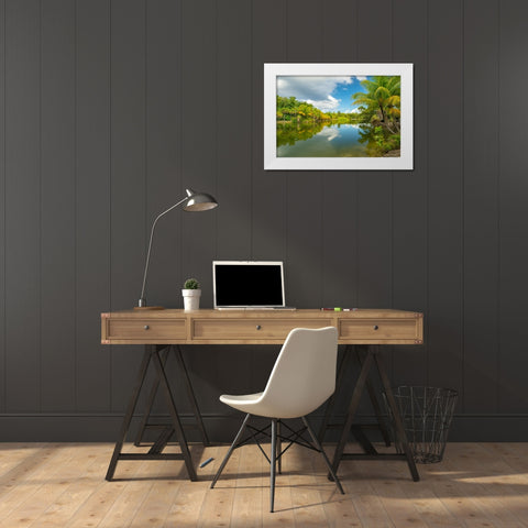 French Polynesia- Tahaa. Tropical jungle reflects in lagoon. White Modern Wood Framed Art Print by Jaynes Gallery