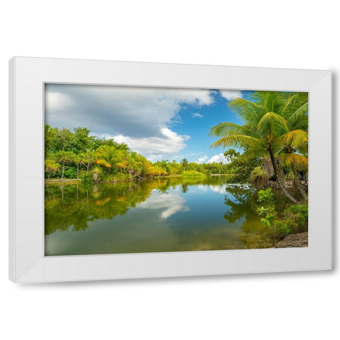 French Polynesia- Tahaa. Tropical jungle reflects in lagoon. White Modern Wood Framed Art Print by Jaynes Gallery