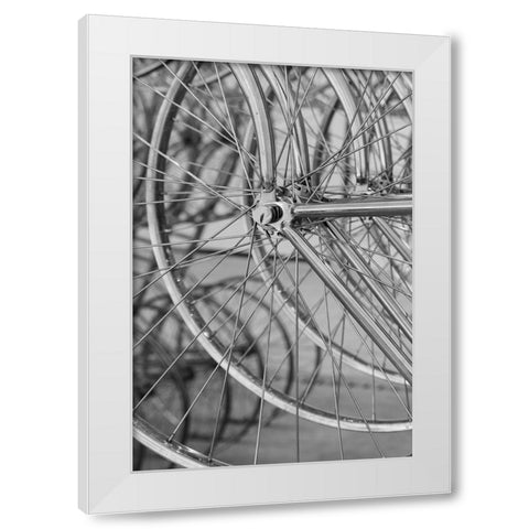 Metal bicycle wheels White Modern Wood Framed Art Print by Hopkins, Cindy Miller