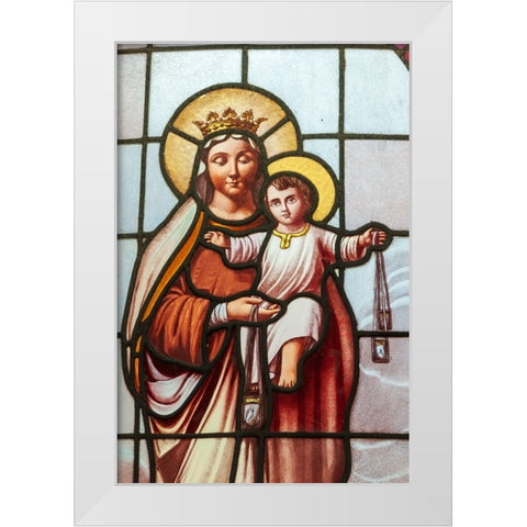 Argentina- Buenos Aires. Stained glass window depicting the Virgin Mary and Jesus. White Modern Wood Framed Art Print by Haseltine, Tom