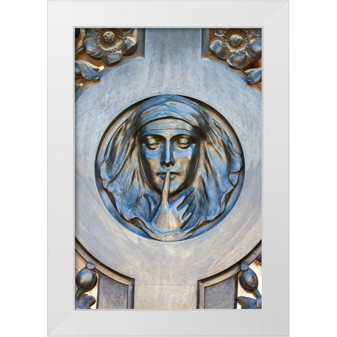 Argentina- Buenos Aires. Recoleta Cemetery. Relief of a womans face. White Modern Wood Framed Art Print by Haseltine, Tom