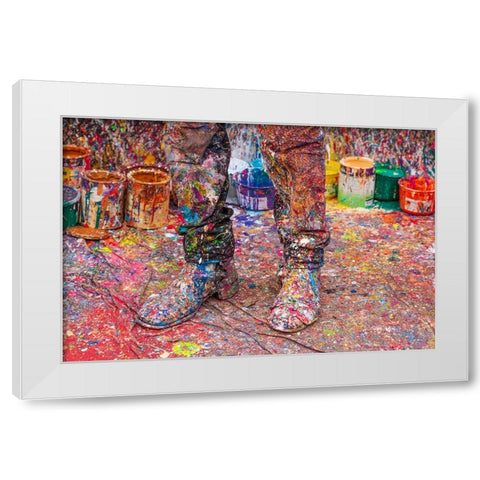 Argentina- Buenos Aires. Colorful paint spatters on artists boots. White Modern Wood Framed Art Print by Haseltine, Tom