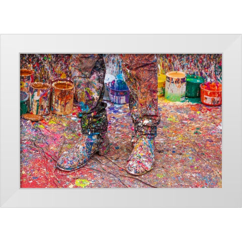 Argentina- Buenos Aires. Colorful paint spatters on artists boots. White Modern Wood Framed Art Print by Haseltine, Tom