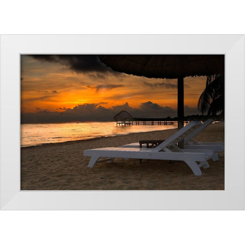 Belize-Sunrise over the Caribbean Ocean White Modern Wood Framed Art Print by Norring, Tom