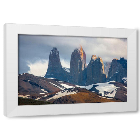These are the source for the name of the park- the towers-or Torres of Paine White Modern Wood Framed Art Print by Ostrowitz, Mallorie
