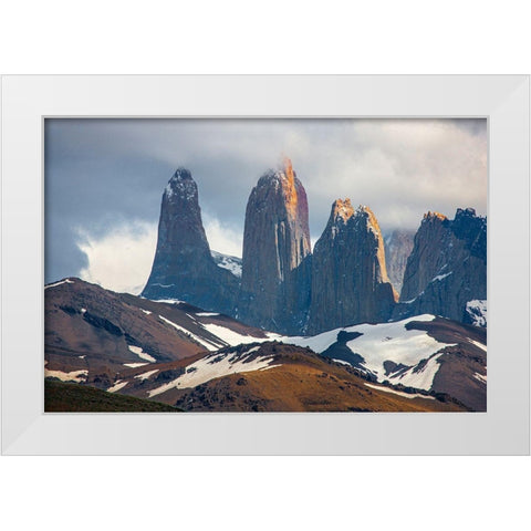 These are the source for the name of the park- the towers-or Torres of Paine White Modern Wood Framed Art Print by Ostrowitz, Mallorie