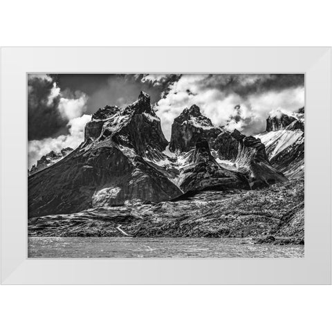 Black and white Large Pehoe Lake Lago Paine Horns three granite peaks-Torres del Paine National Par White Modern Wood Framed Art Print by Perry, William